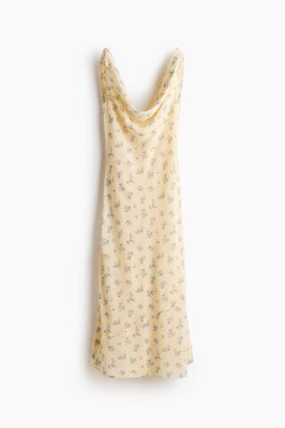 H & M - Jurk met watervalhals en strikbanden - Lichtgeel/Bloemen