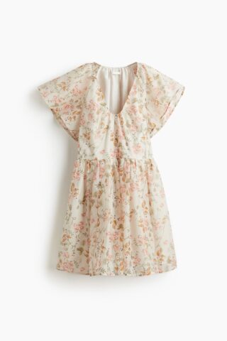 H & M - Jurk met vlindermouwen - Roomwit/Bloemen