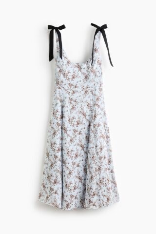 H & M - Jurk met uitlopende rok en strikbanden - Lichtblauw/Bloemen