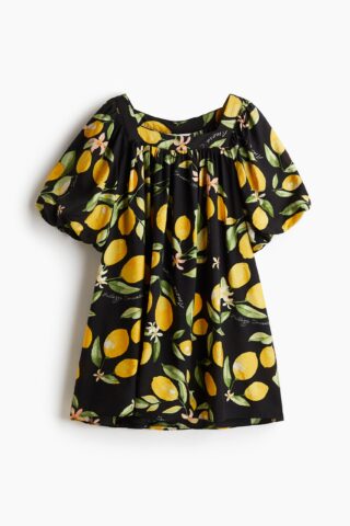 H & M - Tuniekjurk met ballonmouwen - Zwart/Citroenen
