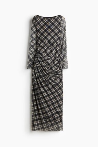 H & M - Jurk van mesh met rimpeleffect - Zwart/Geruit