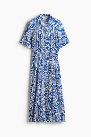 H & M - Overhemdjurk met strikceintuur - Helderblauw/Wit Dessin