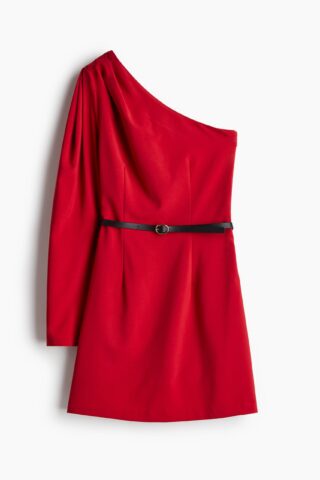 H & M - One-shoulderjurk met ceintuur - Rood