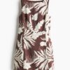 H & M - Twill jurk met vierkante hals - Donkerbruin/Bloemen