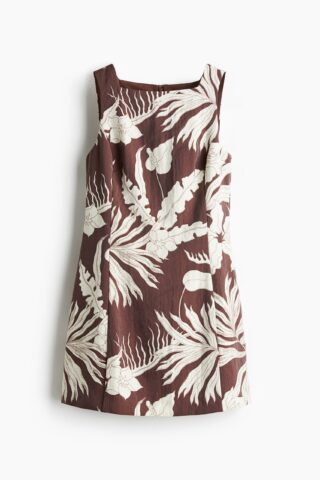 H & M - Twill jurk met vierkante hals - Donkerbruin/Bloemen