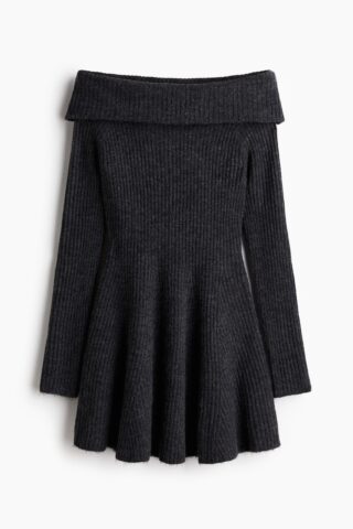 H & M - Ribgebreide off-the-shoulderjurk - Donkergrijs Gemêleerd
