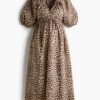 H & M - MAMA Midi-jurk met ballonmouwen - Lichtbeige/Luipaarddessin
