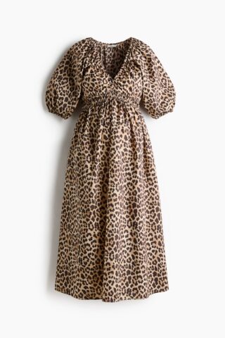 H & M - MAMA Midi-jurk met ballonmouwen - Lichtbeige/Luipaarddessin