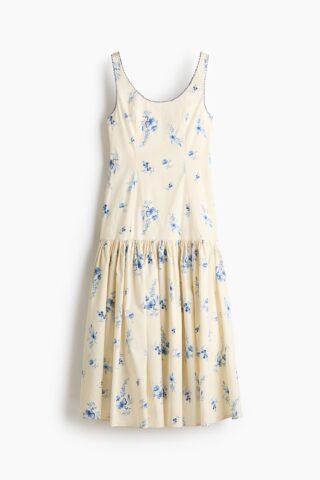 H & M - Lange katoenen jurk - Roomwit/Blauwe Bloemen