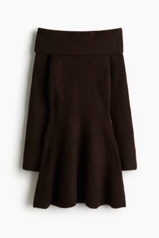 H & M - Ribgebreide off-the-shoulderjurk - Donkerbruin