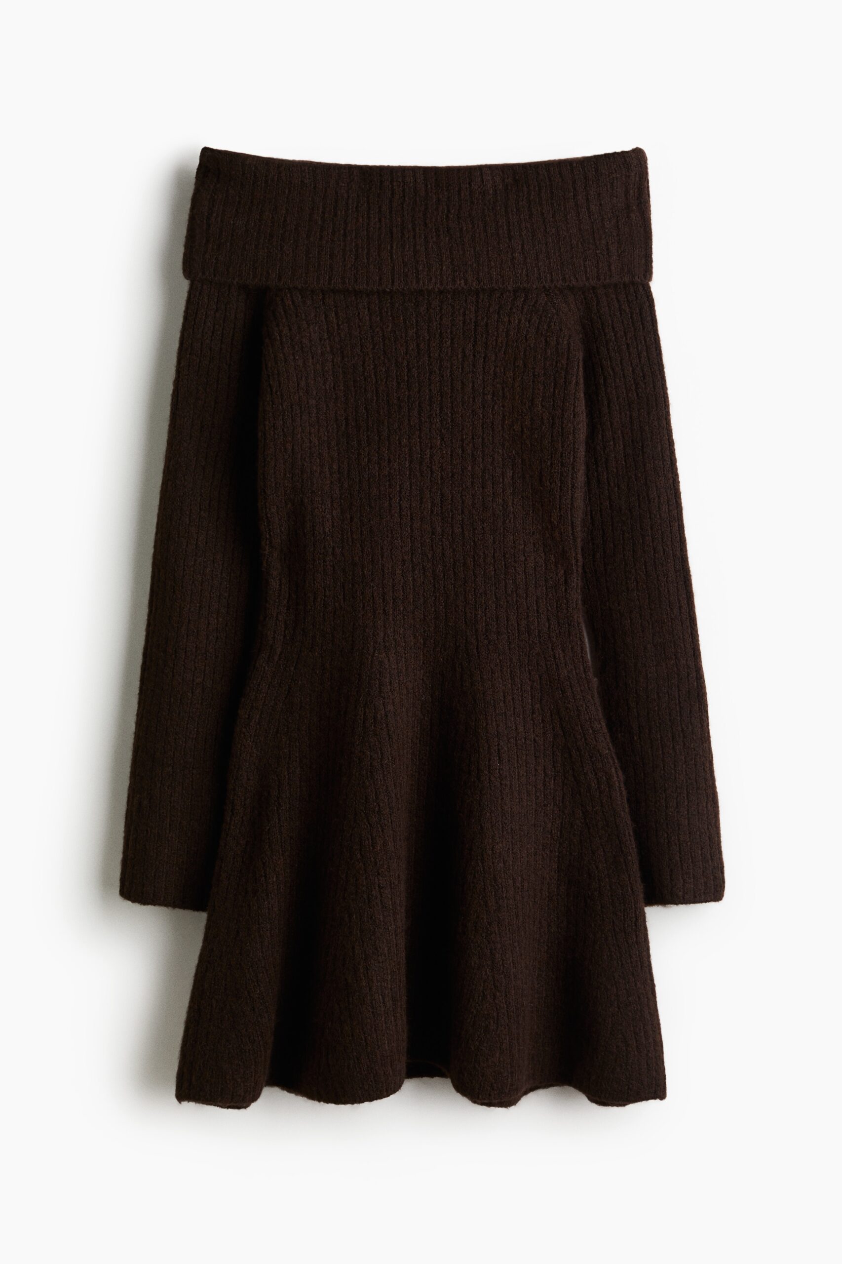 H & M - Ribgebreide off-the-shoulderjurk - Donkerbruin