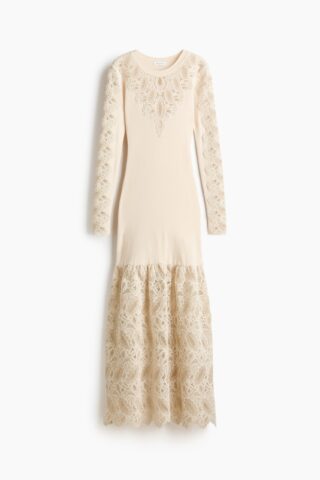 H & M - Geribde jurk met kant - Lichtbeige