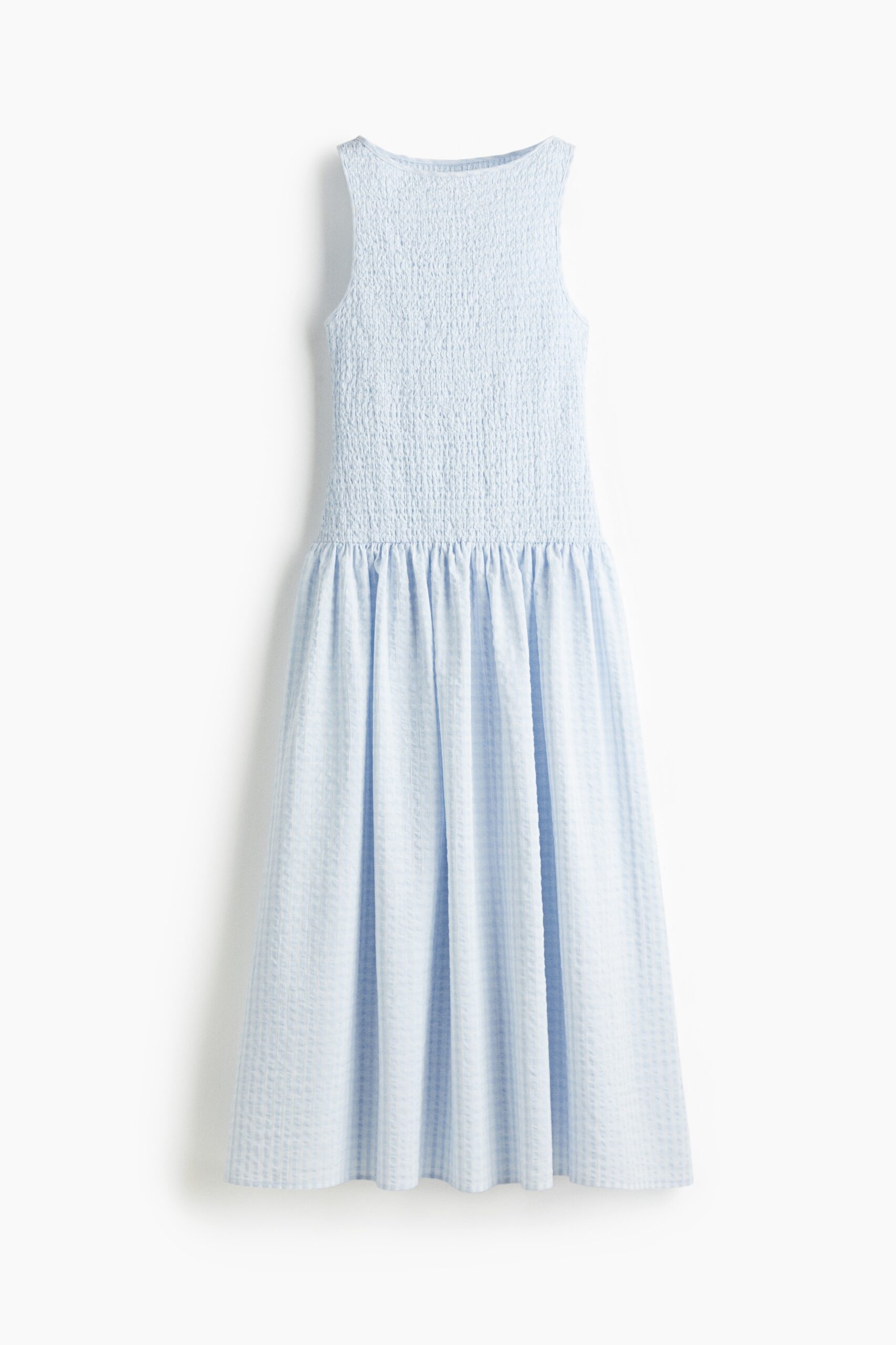 H & M - Gesmokte jurk van seersucker - Lichtblauw/Geruit