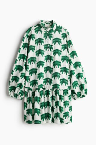 H & M - Jurk met volantkraagje - Wit/Groen Dessin