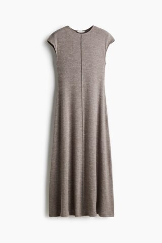 H & M - Tricot jurk met kapmouwen - Taupe Gemêleerd
