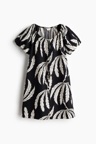 H & M - Jurk met drawstring - Zwart/Bladdessin