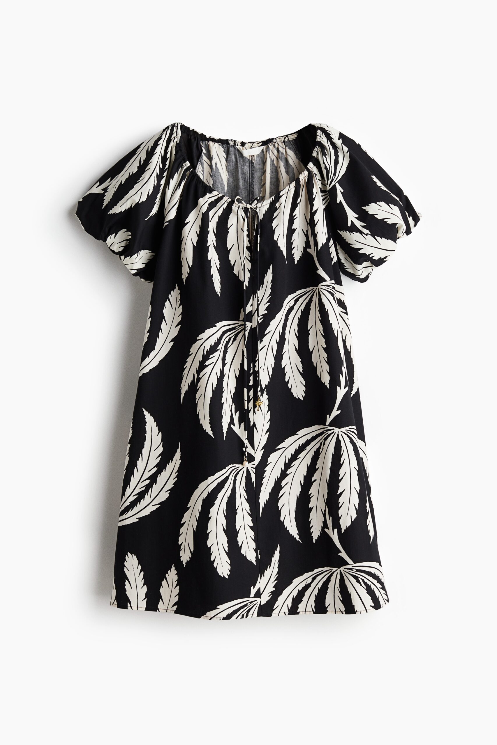H & M - Jurk met drawstring - Zwart/Bladdessin