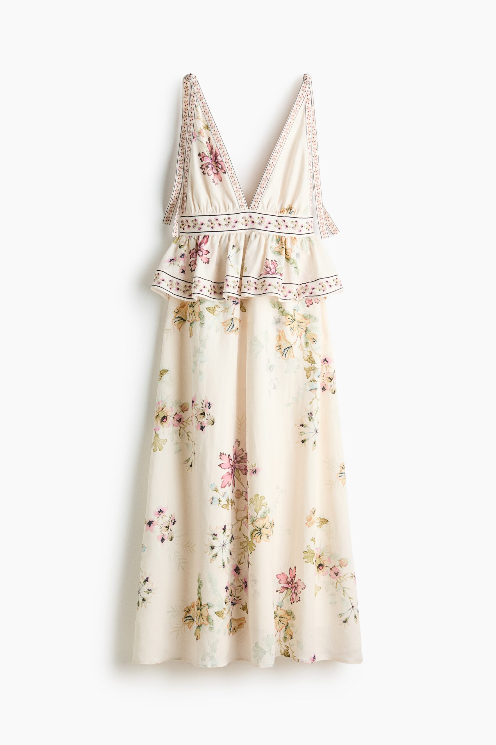 H & M - Jurk van linnenmix met strikbandjes - Lichtbeige/Bloemen H & M - Jurk van linnenmix met strikbandjes - Lichtbeige/Bloemen