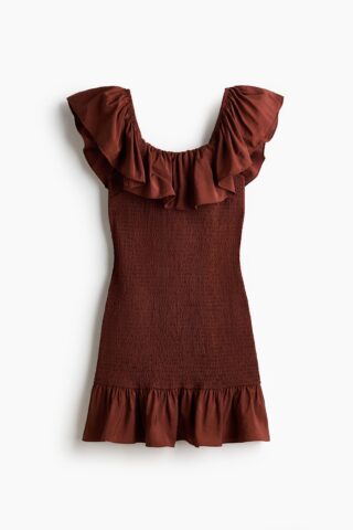 H & M - Off-the-shoulderjurk met volant - Roestbruin