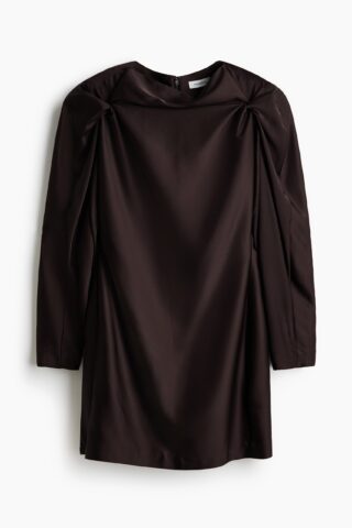 H & M - Satijnen jurk met pofmouwen - Donkerbruin