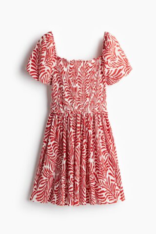 H & M - Crinklejurk met smokwerk - Wit/Rood Dessin
