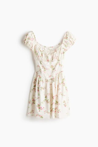 H & M - Popeline jurk met uitlopende rok - Wit/Bloemen