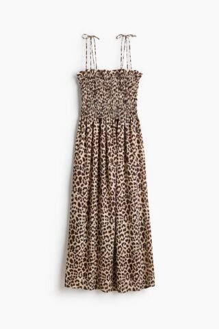 H & M - Jurk met smokwerk en strikbandjes - Beige/Luipaarddessin