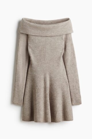 H & M - Ribgebreide off-the-shoulderjurk - Beige Gemêleerd