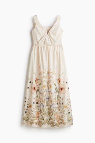 H & M - Jurk van linnenmix - Lichtbeige/Bloemen