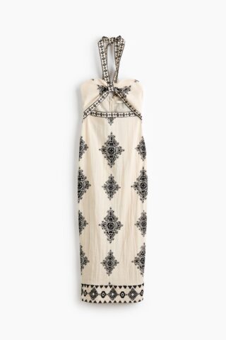 H & M - Halterjurk met cutouts - Roomwit/Dessin