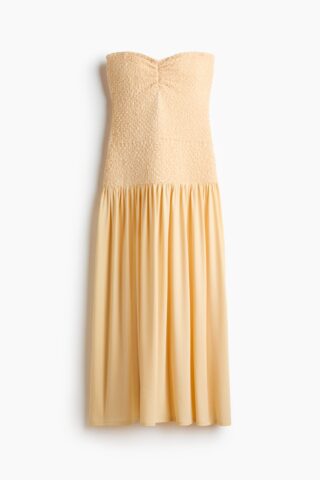 H & M - Bandeaujurk met gesmokt lijfje - Lichtgeel