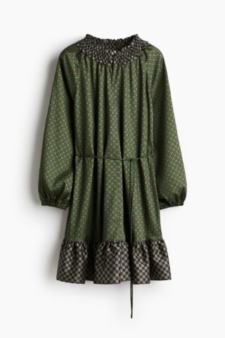 H & M - Satijnen jurk met strikceintuur - Groen/Dessin