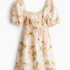 H & M - Popeline jurk met pofmouwen - Roomwit/Roze Bloemen