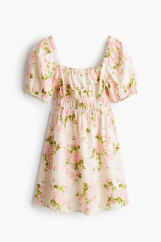H & M - Popeline jurk met pofmouwen - Roomwit/Roze Bloemen
