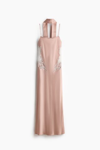 H & M - Satijnen jurk met kanten details en sjaal - Dusty Beige/Wit