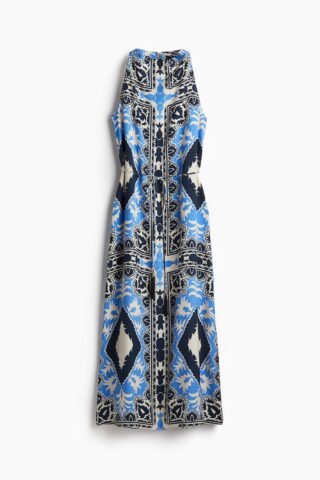 H & M - Jurk met strikceintuur - Roomwit/Blauw Dessin