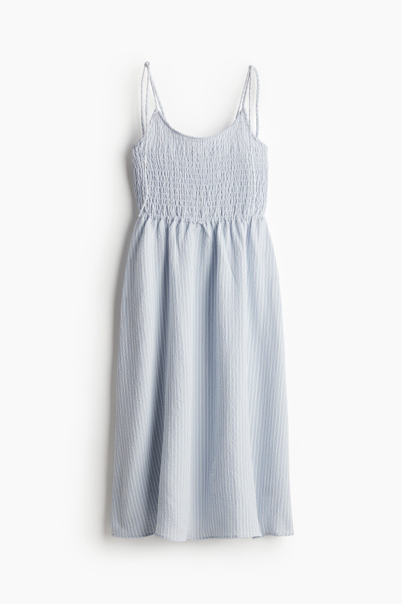 H & M - Gesmokte jurk met strikbandjes - Lichtblauw/Gestreept H & M - Gesmokte jurk met strikbandjes - Lichtblauw/Gestreept