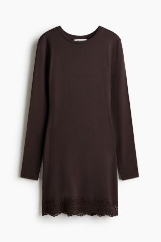 H & M - Tricot jurk met kant - Donkerbruin