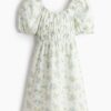 H & M - Popeline jurk met pofmouwen - Roomwit/Bloemen