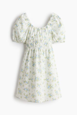H & M - Popeline jurk met pofmouwen - Roomwit/Bloemen