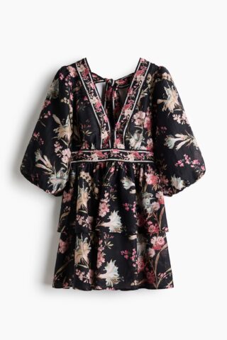 H & M - Jurk van linnenmix - Zwart/Bloemen