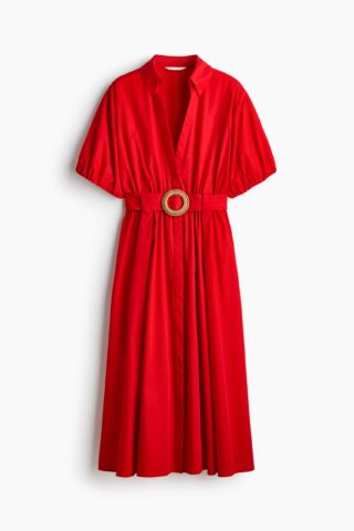 H & M - Katoenen overhemdjurk met ceintuur - Rood