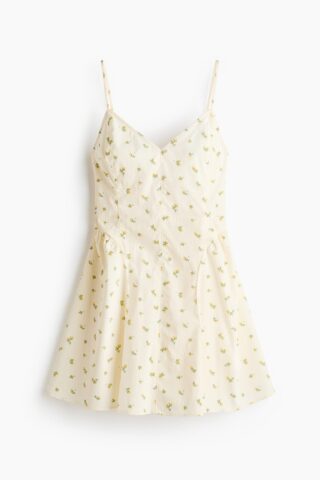 H & M - Strappy jurk met uitlopende rok - Roomwit/Citroenen