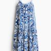 H & M - Maxi-jurk met strikbandjes - Helderblauw/Dessin