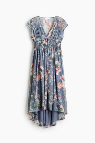 H & M - Ingerimpelde jurk met kapmouwtjes - Dusty Donkerblauw/Bloemen
