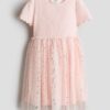 H & M - Jurk met tulen rok - Lichtroze/Hartjes