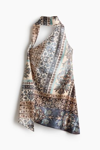 H & M - One-shoulderjurk met sjaalkraag - Lichtbeige/Dessin