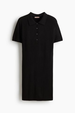 H & M - Ribgebreide jurk met kraag - Zwart