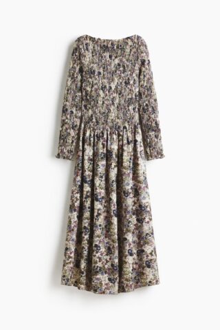 H & M - Jurk met smokwerk - Lichtbeige/Bloemen