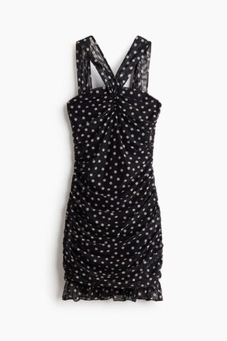 H & M - Ingerimpelde jurk van mesh - Zwart/Polkadot